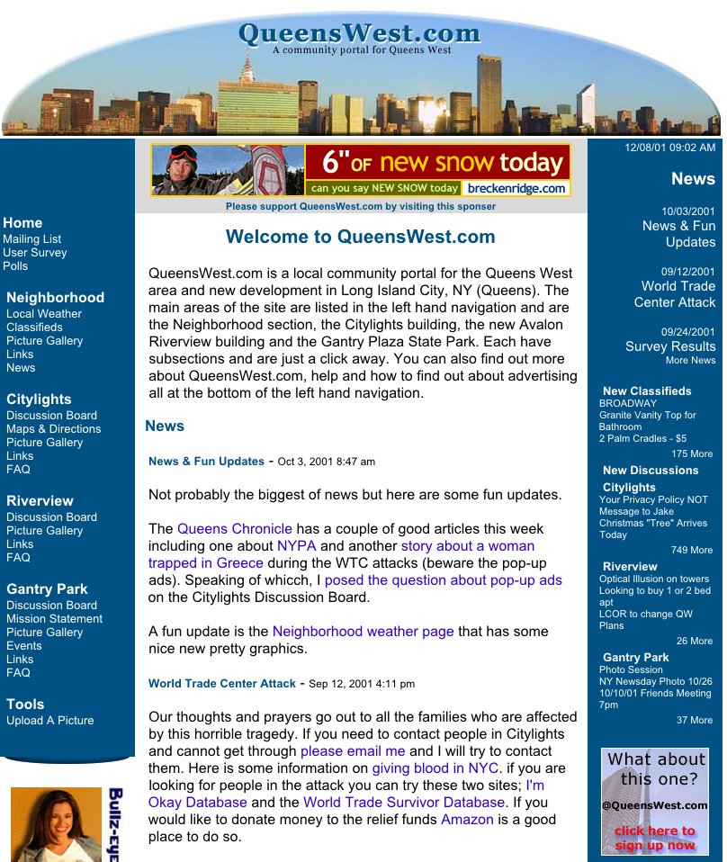QueensWest.com home page, December 8, 2001