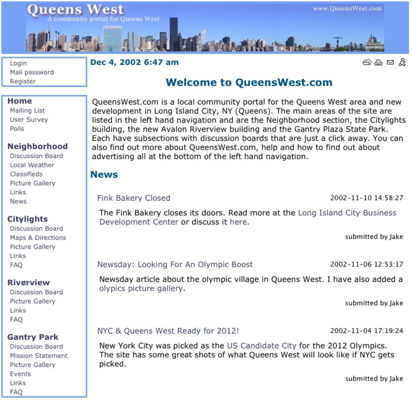 QueensWest.com home page, December 2003
