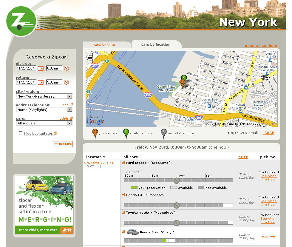 Zipcars in the Citylights Building