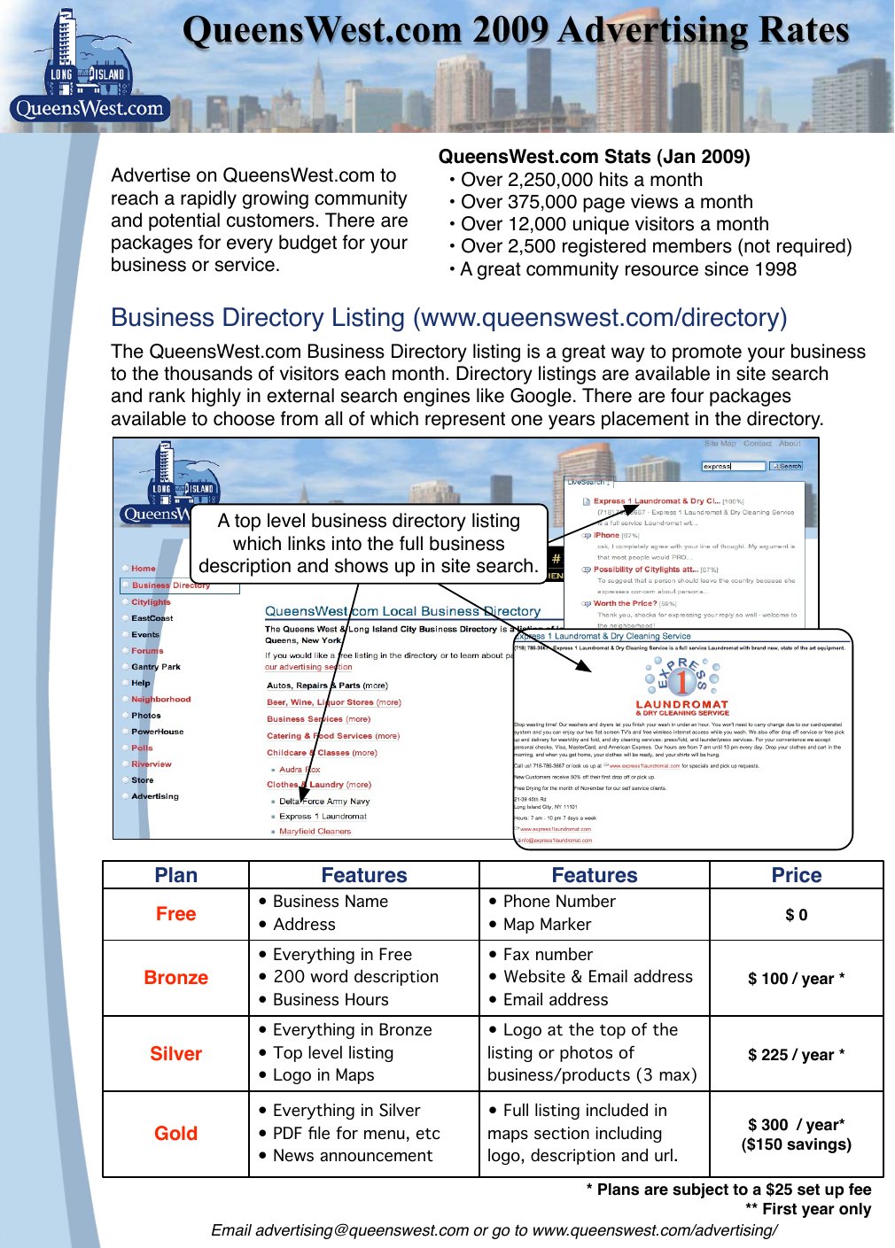QueensWest.com rate sheet 2009